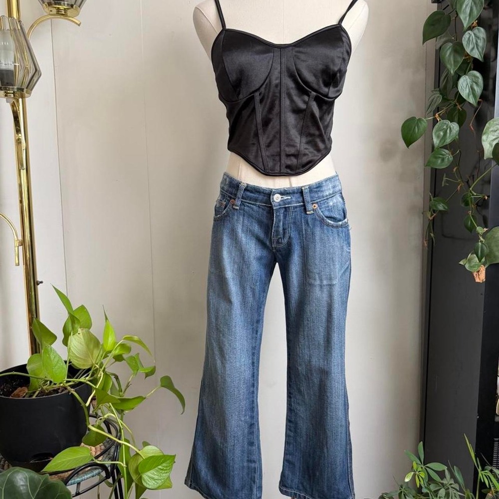 Refuge Womens Low Rise Flare Capri Jeans Blue Washed Back Flap Pockets Size 3